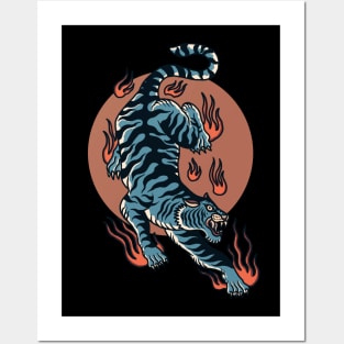 Oriental tiger vintage sunset retro red circle art flames Posters and Art